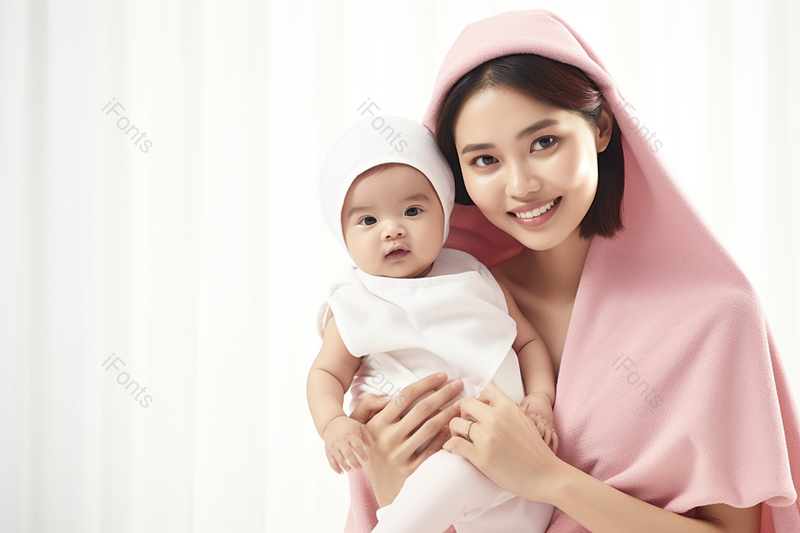 温馨室内年轻妈妈给宝宝披上浴巾,高清,摄影图,摄影图片,图片大全,摄影图免费下载